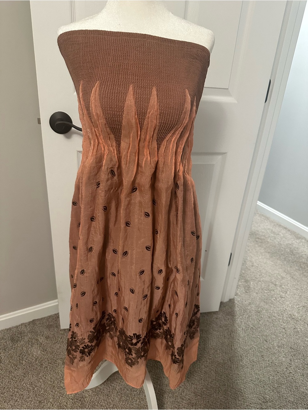 Lapis Strapless Smocked Dress in Brown and Rust